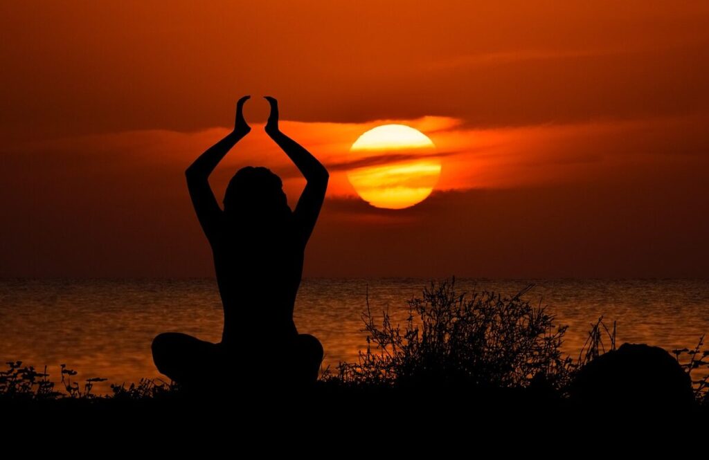 girl, sunset, yoga, woman, silhouette, shadow, dusk, serenity, sun, seaside, nature, brown yoga, brown sun, brown sunset