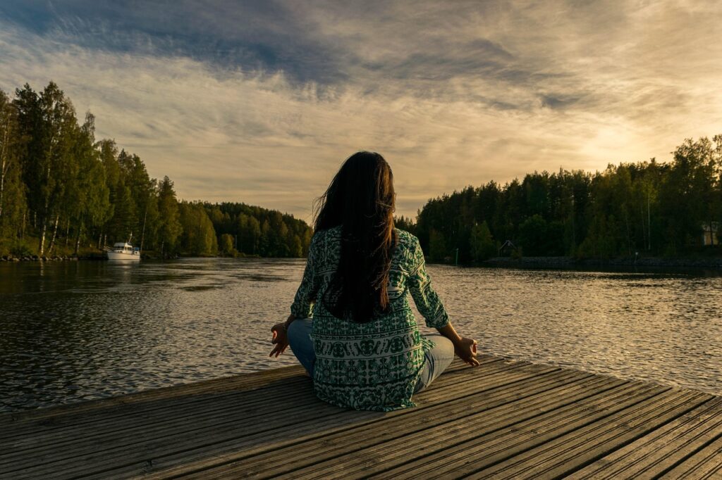 yoga, woman, lake, outdoors, lotus pose, meditation, mindfulness, balance, meditating, wellness, nature, sunset, twilight