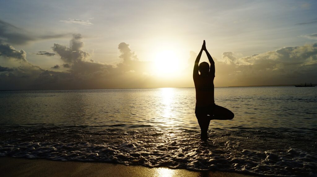 beach, yoga, sunset, silhouette, person, nature, yoga pose, shore, seashore, sea, ocean, meditate, meditation, pose, balance, calm, tranquil