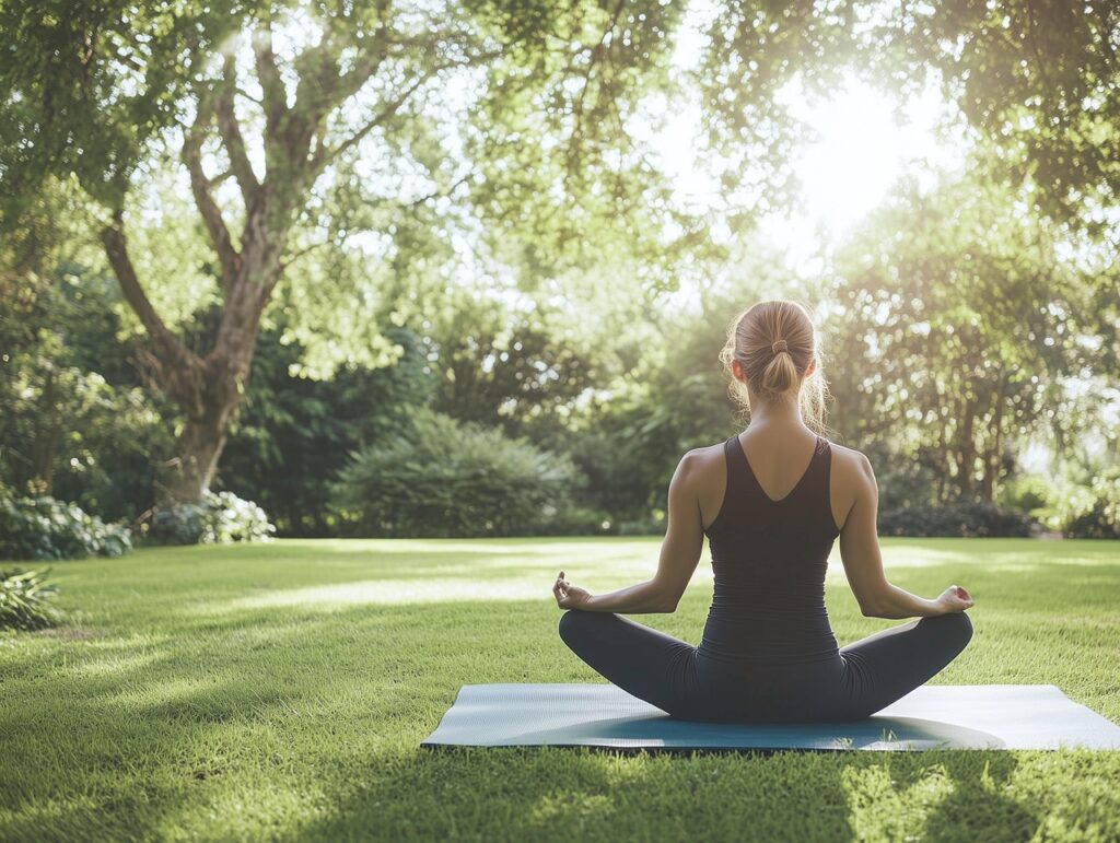 woman, yoga, meditation, nature, outdoors, relaxation, breathing, sunshine, light, garden, park, pose, sportswear, yoga mat, morning, natural light, health, fitness, stretch, relax, sunlight filtering through trees