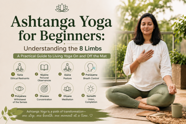 Ashtanga Yoga for Beginners infographic explaining the 8 limbs of yoga