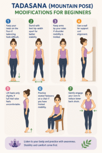 Woman practicing modified Tadasana with gentle posture support and relaxed alignment.