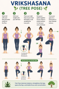Woman practicing Vrikshasana with one foot placed on the inner thigh and hands in prayer position.