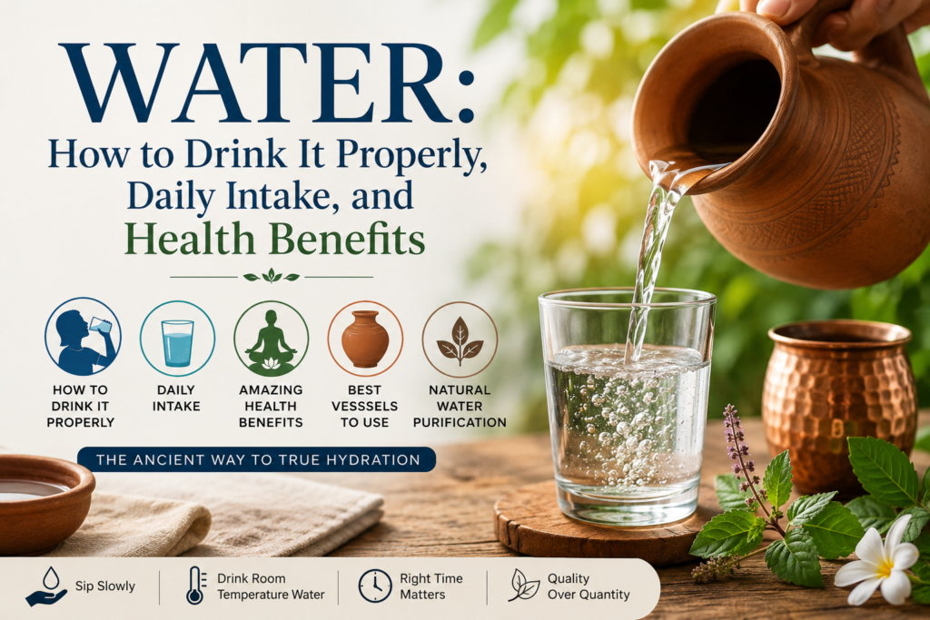 Water infographic showing proper hydration, daily intake, and health benefits.